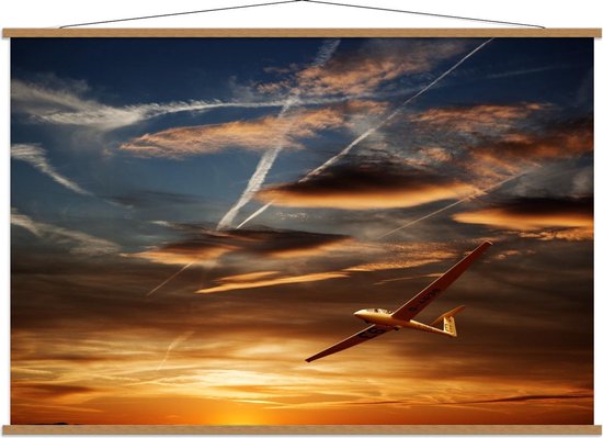 Schoolplaat – Vliegtuig in Gouden Lucht - 150x100cm Foto op Textielposter (Wanddecoratie op Schoolplaat)