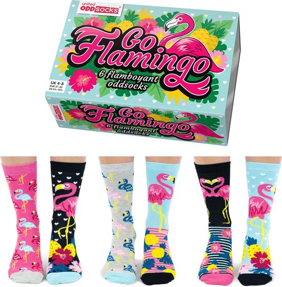 United Odd Socks 6 Mismatched (dus verschillende) Dames Sokken - Go Flamingo - maat 37/42