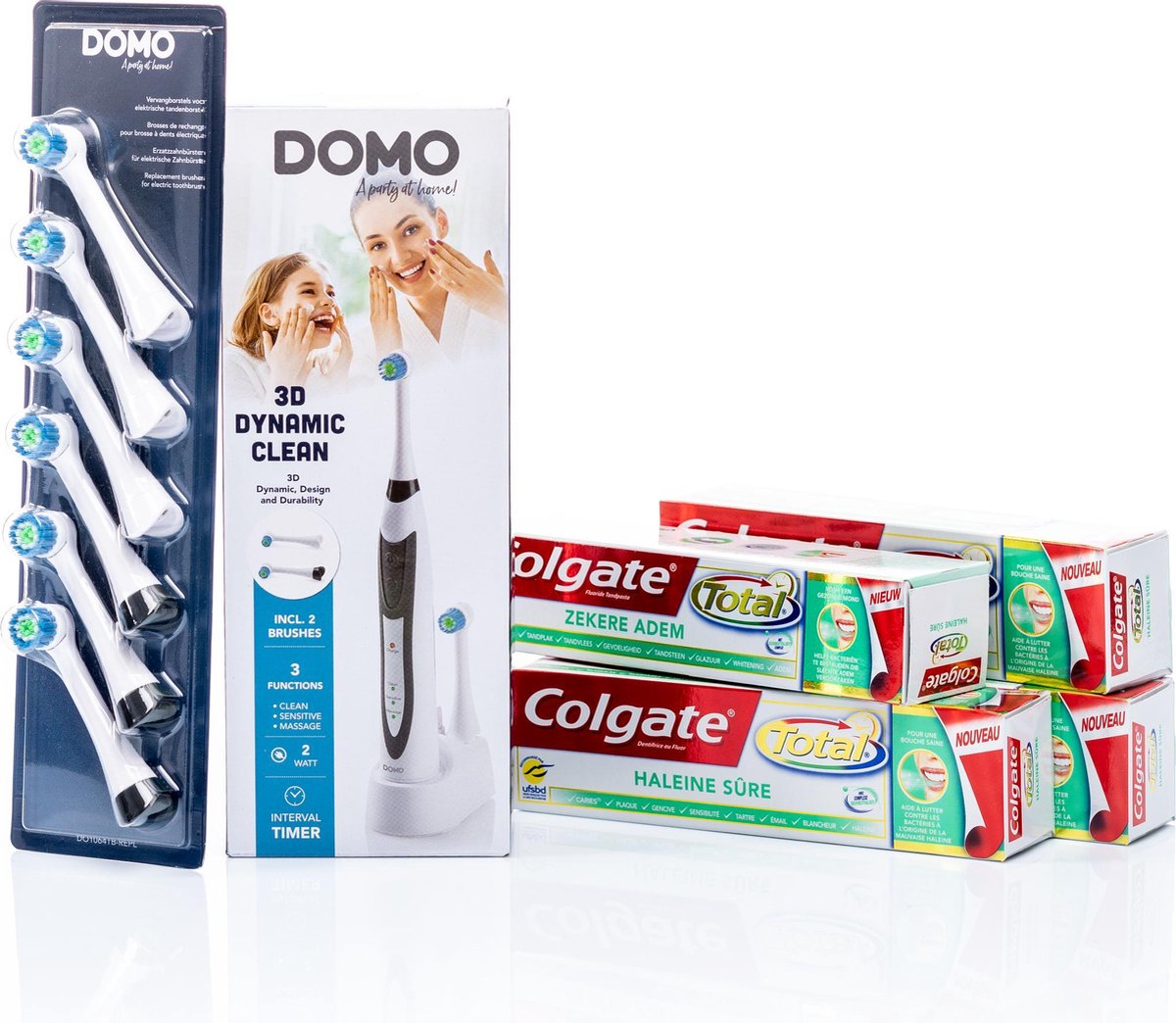 DOMO elektrische tandenborstel DO1064TB + 6 extra opzetstukken + 4 tubes tandpasta COLGATE