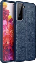 Samsung Galaxy S21 hoesje - MobyDefend TPU Gelcase - Lederlook - Navy Blauw - GSM Hoesje - Telefoonhoesje Geschikt Voor: Samsung Galaxy S21