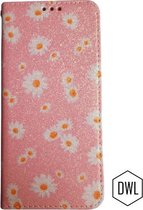 Hoesje voor Samsung Galaxy A71 - Margrietjes bloemen roze - Wallet book case cover bloemen hoesje - Siliconen binnenkant, Hoesje met leuk printje - met ruimte voor pasje en foto.