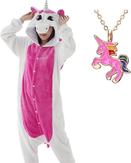 Eenhoorn Onesie Pegasus roze huispak kostuum kinderen - 140-146 (140) + ketting verkleedkleding jurk
