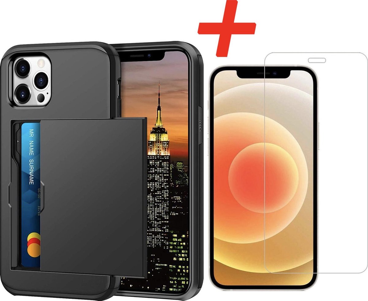 Geschikt voor Apple iPhone 12 Pro Backcover | Zwart | Pasjeshouder