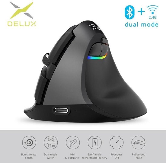 Delux M618mini - Oplaadbaar - Draadloos (2,4ghz + Bluetooth) - Anti-RSI - Ergonomisch - Gaming muis - RGB - 800 / 1200 / 1600 / 2400 DPI - 6 Knoppen - Plug & Play - Rechtshandig