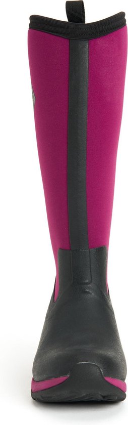 Zwarte laars met fuchsia voorkant en zijkant, met een zwarte band.
