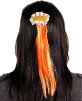 Haarklem met kroontje, kralen en oranje haarpluk 32 cm verkleedaccessoires - Koningsdag haaraccessoires