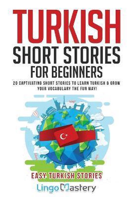 Livre "Turkish Short Stories for Beginners" avec un globe terrestre et un drapeau turc.
