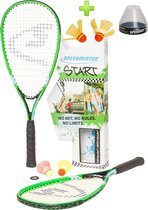 Speedminton START Plus set - AANBIEDING - speedbadminton - crossminton - speed badminton - groen/blauw - 2 duurzame rackets - 2 originele Speedminton Speeders - windring - incl. HE
