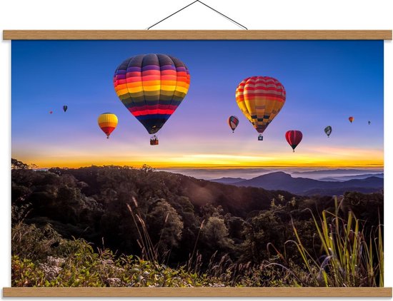 Schoolplaat – Regenboogkleurige Luchtballonnen boven Berggebied - 90x60cm Foto op Textielposter (Wanddecoratie op Schoolplaat)