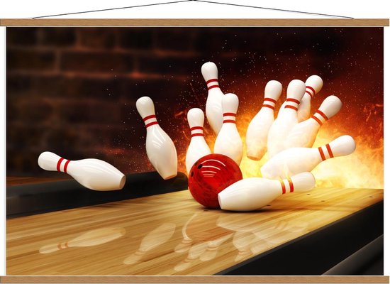 Schoolplaat – Bowlingbal bij Vurige Kegels - 120x80cm Foto op Textielposter (Wanddecoratie op Schoolplaat)