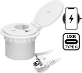 Inbouw Tafelstopcontact in het wit met USB-A, C Quickcharge en draadloze Qi snellader