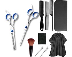 Kappersschaar Set - Kappersset - (uitdunschaar, kapper schaar, mantel, 3 kammen, scheerborstel, kappers scheermes, borstel, 2x haarspelden)