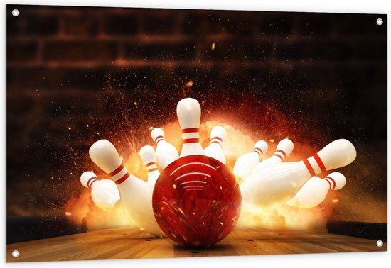 Tuinposter – Bowlingbal met Kegels en Vuur - 120x80cm Foto op Tuinposter  (wanddecoratie voor buiten en binnen)