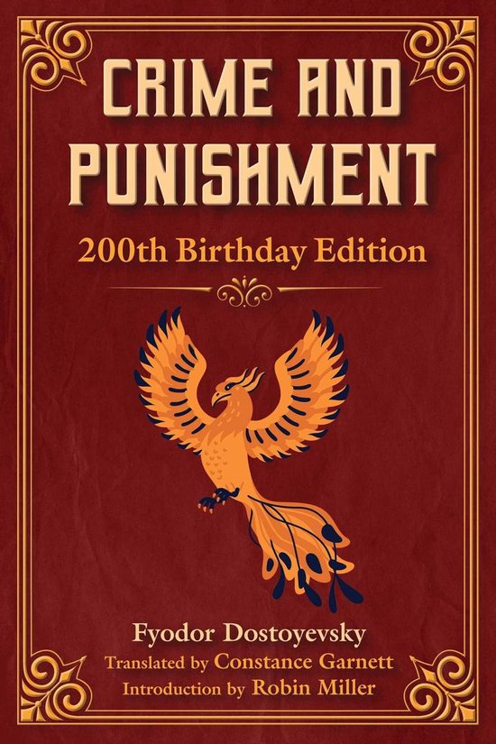 Boekomslag van Crime and Punishment, 200th Birthday Edition, met een oranje feniks op een rode achtergrond.
