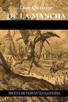 Don Quixote de la Mancha, een boek van Miguel de Cervantes Saavedra, met een illustratie van Don Quixote die vecht tegen windmolens.