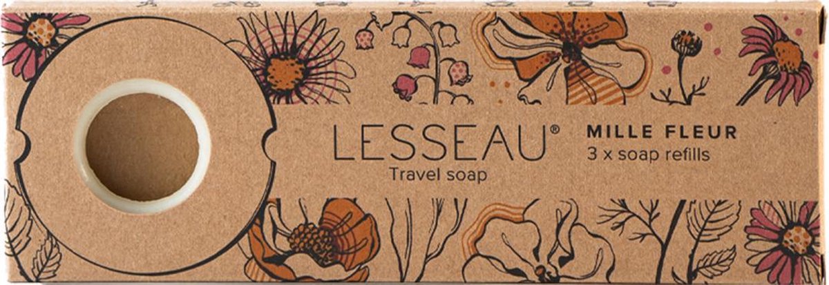 LESSEAU Travel soap dispenser Groovy Grey met Mille Fleur zeepnavulling (Startpakket: traditionele harde, vegan handzeep met zeepdispenser)