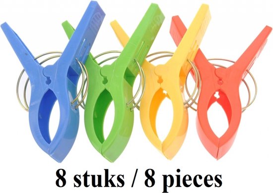 Grote knijpers - 8x stuks - gekleurd - 12 cm - plastic - XL - handdoeken/badlakens knijpers