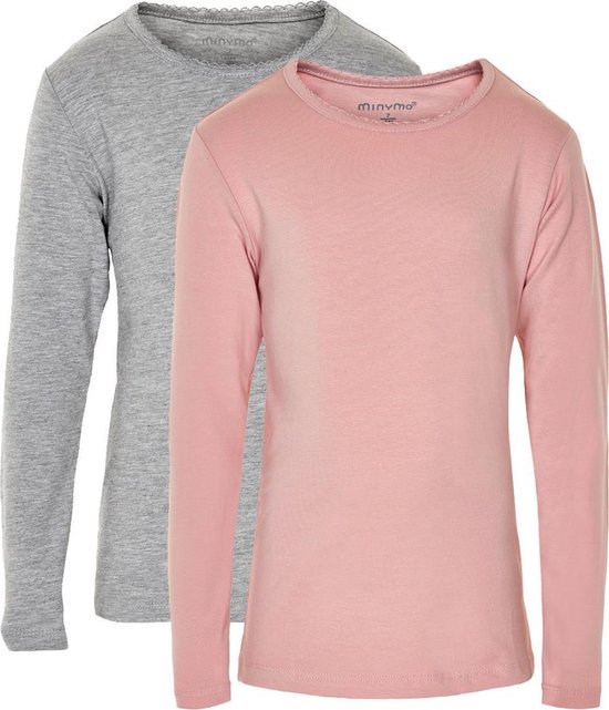 Minymo T-shirt Basic Meisjes Katoen Grijs/roze 2 Stuks Maat 122