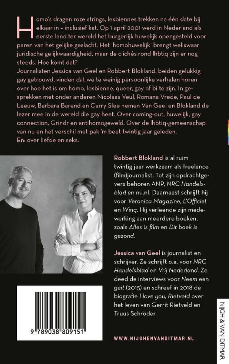 Achterkant van het boek met portretten van Robbert Blokland en Jessica van Geel.
