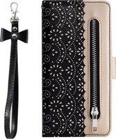 Wallet Black Gold Wallet Book-case Zipper Cover pour Samsung Galaxy A12