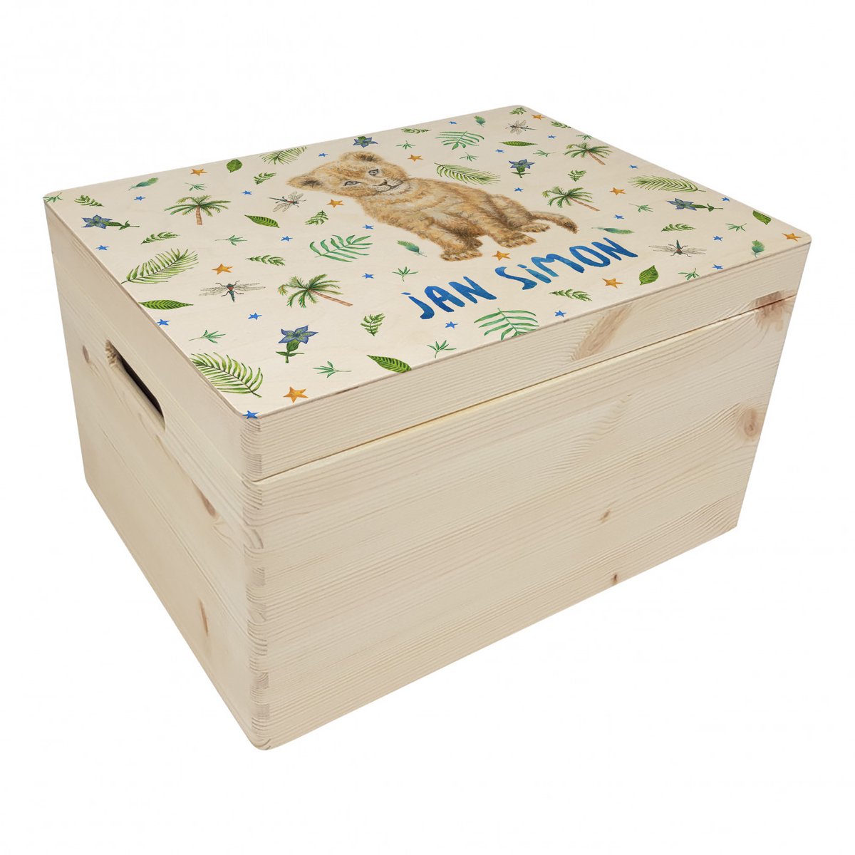World of Mies memorybox Leeuwtje met naam - Houten herinneringskist 30 x 40 x 23 cm - met handvaten - hoogwaardige kleurenprint in het hout - handgeschilderd design door Mies