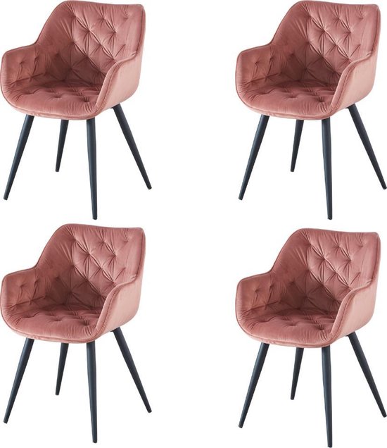 Velvet stoelen met gecapitonneerd patroon - 4 stoelen - Set van 4 - Roze -  Materiaal:... | bol.com