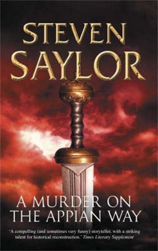 Boek "A Murder on the Appian Way" van Steven Saylor, met een zwaard en rode lucht.