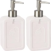 Set van 2x stuks zeeppompjes/zeepdispensers wit keramiek 18 cm - Navulbare zeep houder - Toilet/badkamer accessoires