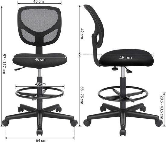 SONGMICS bureaustoel, ergonomische werkkruk, bureaustoel zithoogte cm, hoge... bol.com
