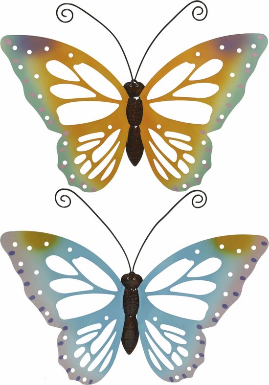 Set van 2x stuks tuindecoratie muur/wand/schutting vlinders van metaal in blauw en oranje tinten 51 x 38 cm