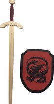 Houten roofridder zwaard en ridderschild rood met zwarte draak schild ridderzwaard kinderzwaard