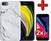 iPhone 7/8/SE 2020 Hoesje Marmer Hardcover Fashion Case Hoes 2x Met Screenprotector - iPhone 7/8/SE 2020 Marmer Hoesje Hardcase Back Cover - Wit x Grijs