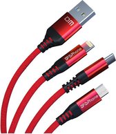 DrPhone MX1 - 3 in 1 - Multi Kabel - Gevlochten 2.4A – Data + Oplaadkabel - Lightning/USB-C/Micro USB - 1.2 Meter - Rood