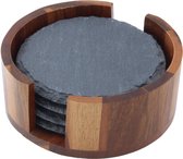 Seasonway Leisteen Onderzetters met Houder van Acaciahout - Onderzetters Voor Glazen - Rond - 4 stuks