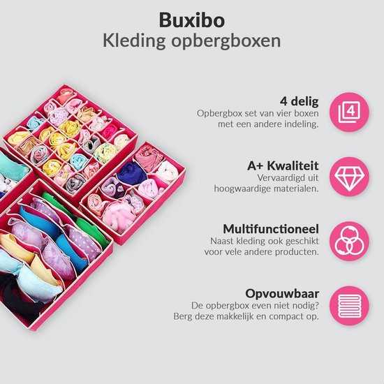 Set van vier roze Buxibo kleding opbergdozen met indelingen, A+ kwaliteit, multifunctioneel en opvouwbaar.