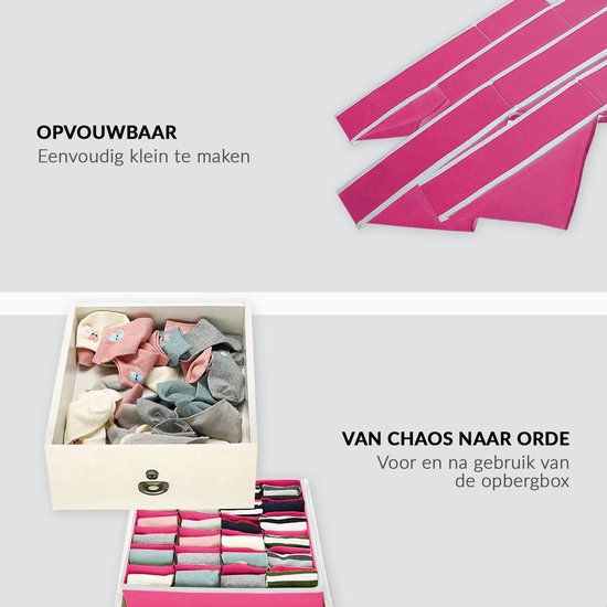 Een open roze opbergdoos gevuld met sokken en een gevouwen opbergdoos.