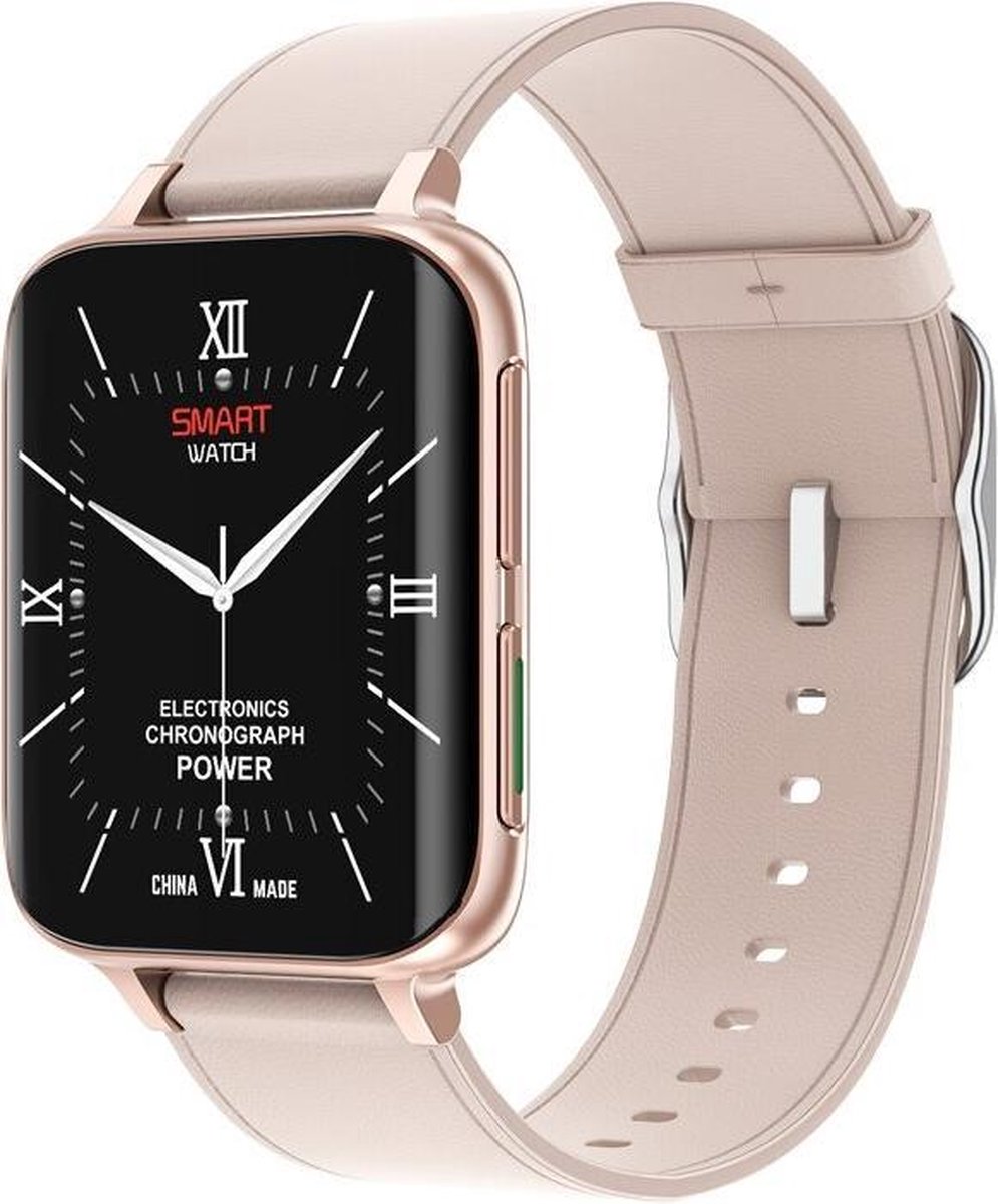 DrPhone CurvX - 3D Pixel Scherm - Smartwatch 44mm - 1.78 Inch 420*485 - ECG Fitness Tracker Hartslag - Leder Goud
