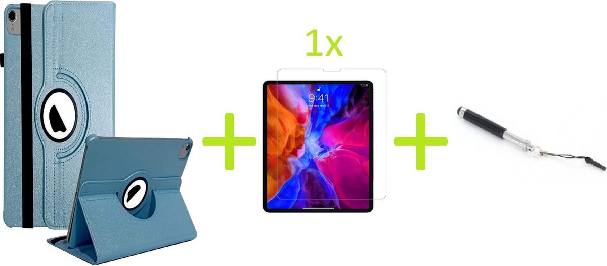 Geschikt voor Apple iPad Air 4 (2020) 10.9 inch Multi Stand Case - 360 Draaibaar Tablet hoesje - Tablethoes - Lichtblauw + 1x Screenprotector +  Stylus
