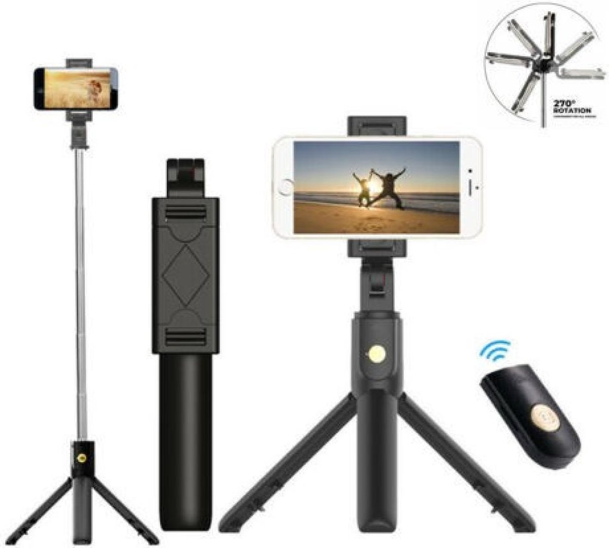 Creartix - Bluetooth selfie-stick met geïntegreerd statief / Tripod - 3 in 1 - voor Smartphone en Action Camera - tot 70cm