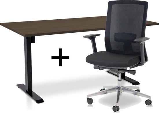 Zit-sta bureau elektrisch verstelbaar + ERGO Bureaustoel | ARBO EASY Thuiswerkset | frame bureau zwart - bureaublad bruin eiken | 160x80 cm