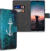 kwmobile telefoonhoesje voor LG K50 - Hoesje met pasjeshouder in wit / blauw - Anker en Landkaart design