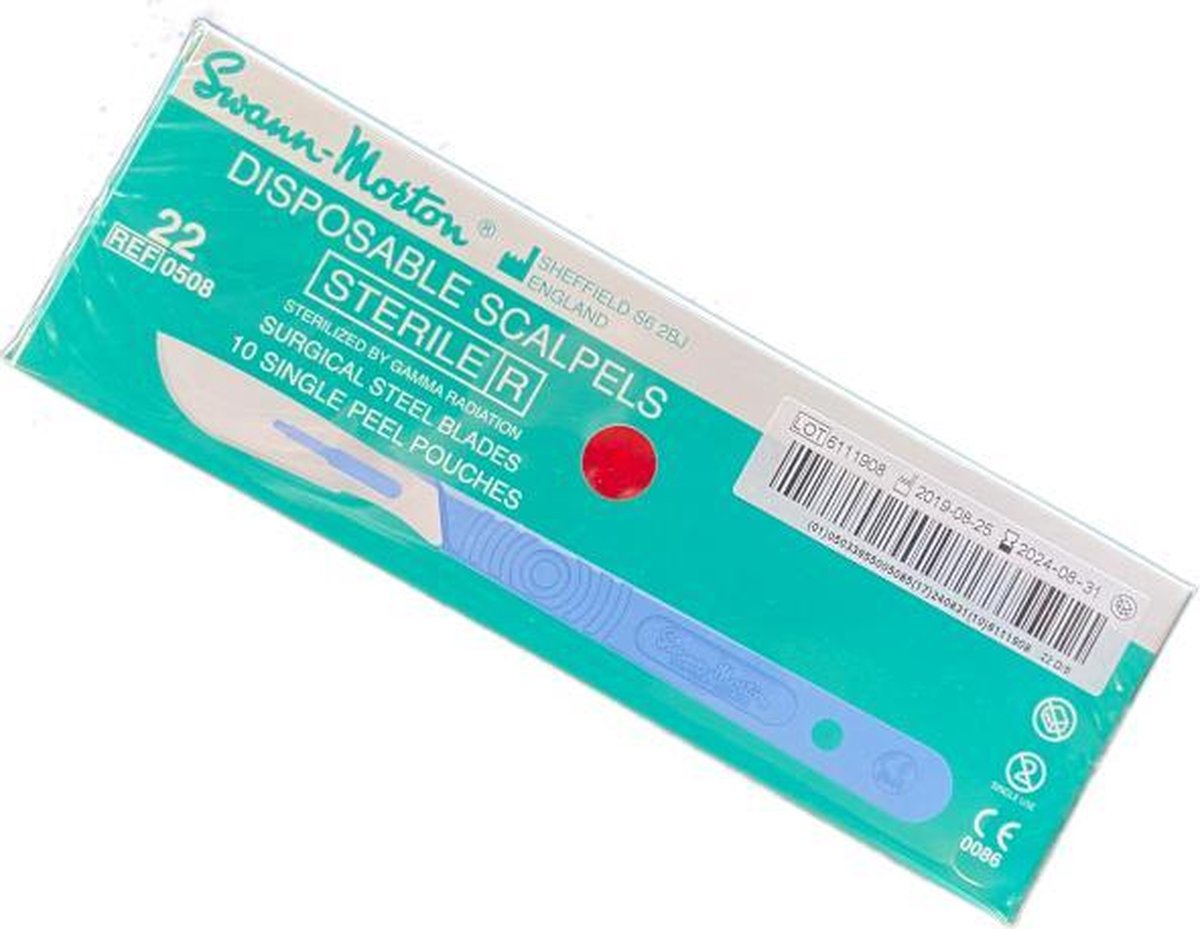 Goedkoopste Swann Morton mesjes steriel met handvat Nummer 22 Swann Morton - Lichtgroen / RVS - Kunststof handvat met RVS mesje - Disposable scalpels - Scalpelmesje inclusief handvat