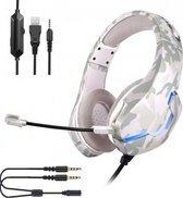 DrPhone GH4 Gaming-headset Koptelefoon – RGB – Aux 3.5mm met microfoon - Stereo-Surround Geschikt voor o.a PS4/PS5/PC/XBOX One S /Laptop – Camo Wit