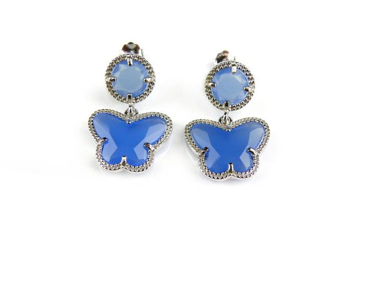 Zilveren oorringen oorbellen Model Vlinder en Rond gezet met blauwe steen