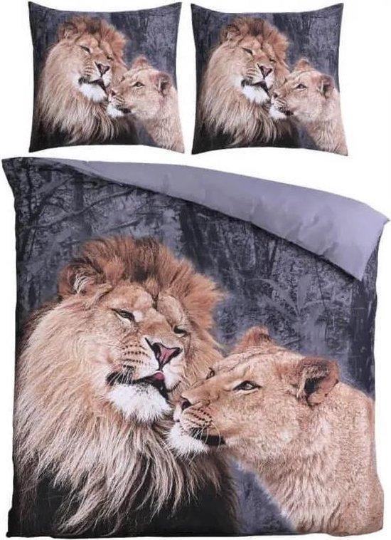 Dekbedovertrek Lion love -Eenpersoons-140x200/220+1 kussensloop 60 x 70 cm- Leeuwen - Beige/Grijs