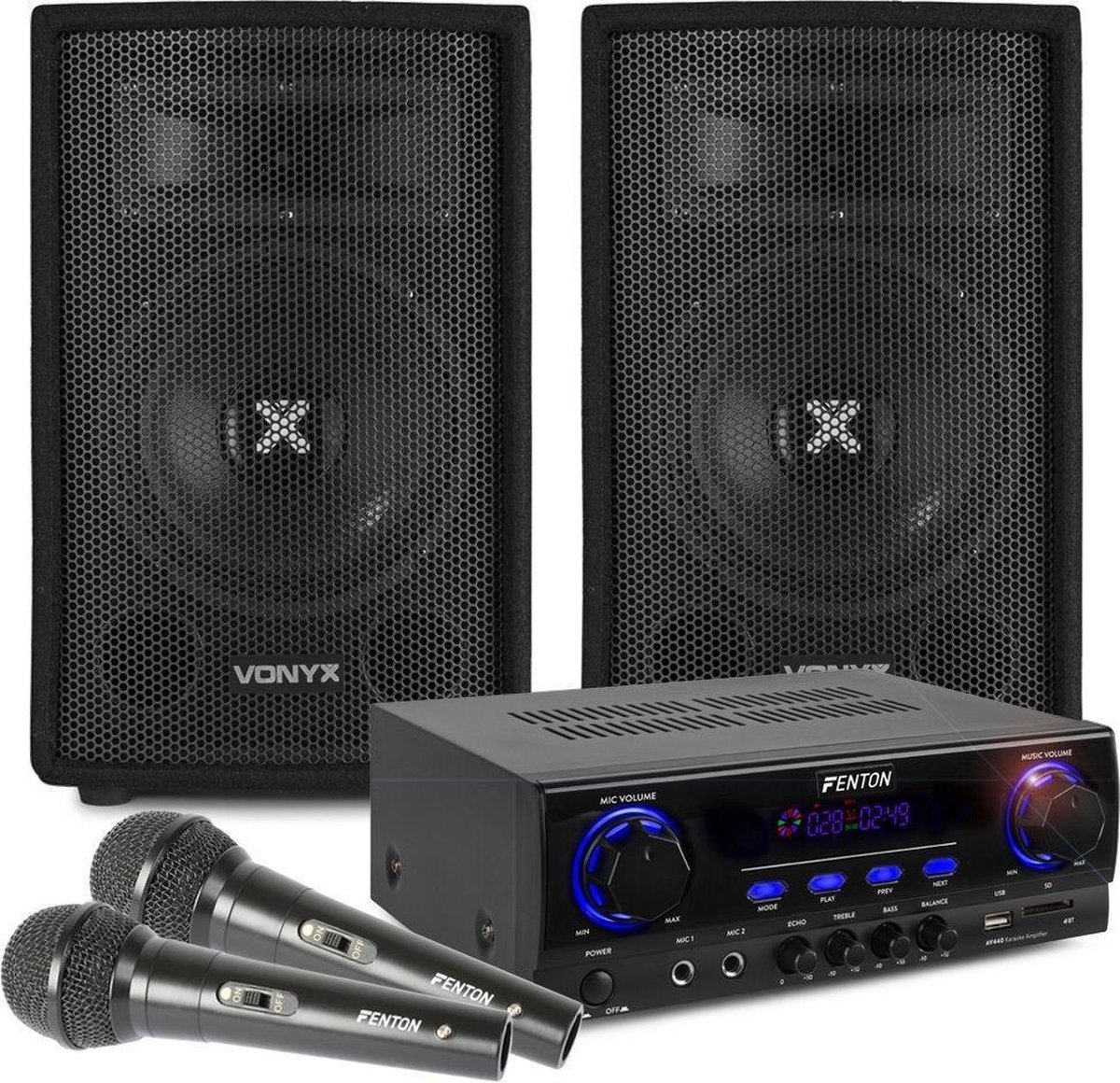 Karaoke Set met Bluetooth en Twee Microfoons - Just Sing - Fenton Versterker - Vonyx Speakers - Vonyx