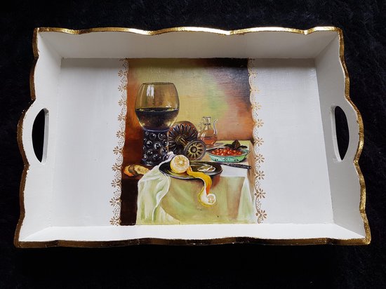Dienblad met stilleven: Glas wijn met gedekte tafel - Handgeschilderd!
