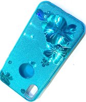 Apple iPhone XR Hoesje Blauw Glitters Stevige Siliconen TPU Case BlingBling  met 2x gratis Tempered glass Screenprotector