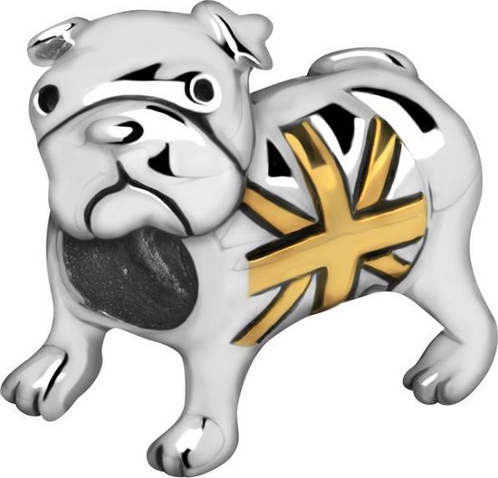 Quiges - 925 - Zilveren - Bedels -Sterling zilver - Beads - Bulldog Hond Engeland Vlag Verguld Kraal Charm - Geschikt – voor - alle bekende merken - Armband Z542