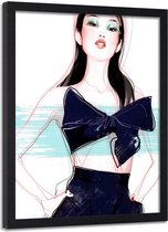 Foto in frame , Vrouw met turquoise streep ,70x100cm , Zwart wit turquoise , wanddecoratie
